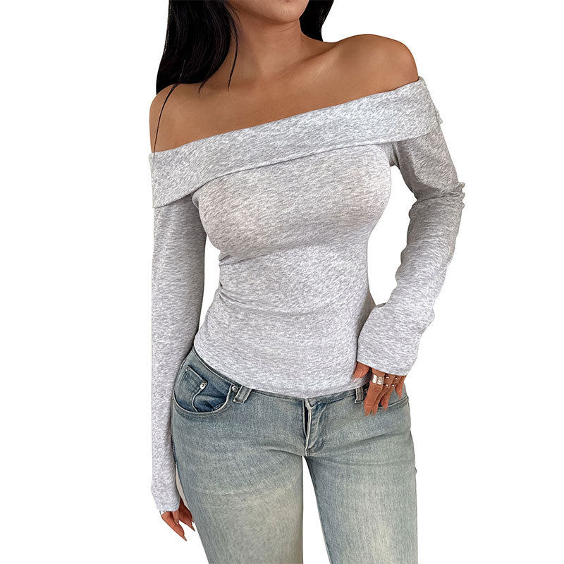 Slim Fit Long Sleeve Top Solid Color Off Shoulder Design Stylish for Spring and Autumn Wholesale Available