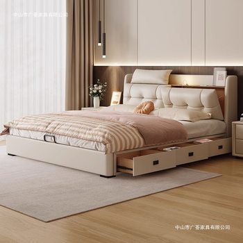 Cream Style Storage Bed Multifunctional Master Bedroom Leather Bed Modern Simple Double Bed Drawer Large Bed Storage Bedside
