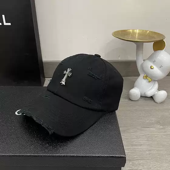 Fashion Retro Silver Label Distressed Baseball Cap, Trendy Street Style Personality Curved Brim Hat, Hip-Hop Couple's Duckbill Cap