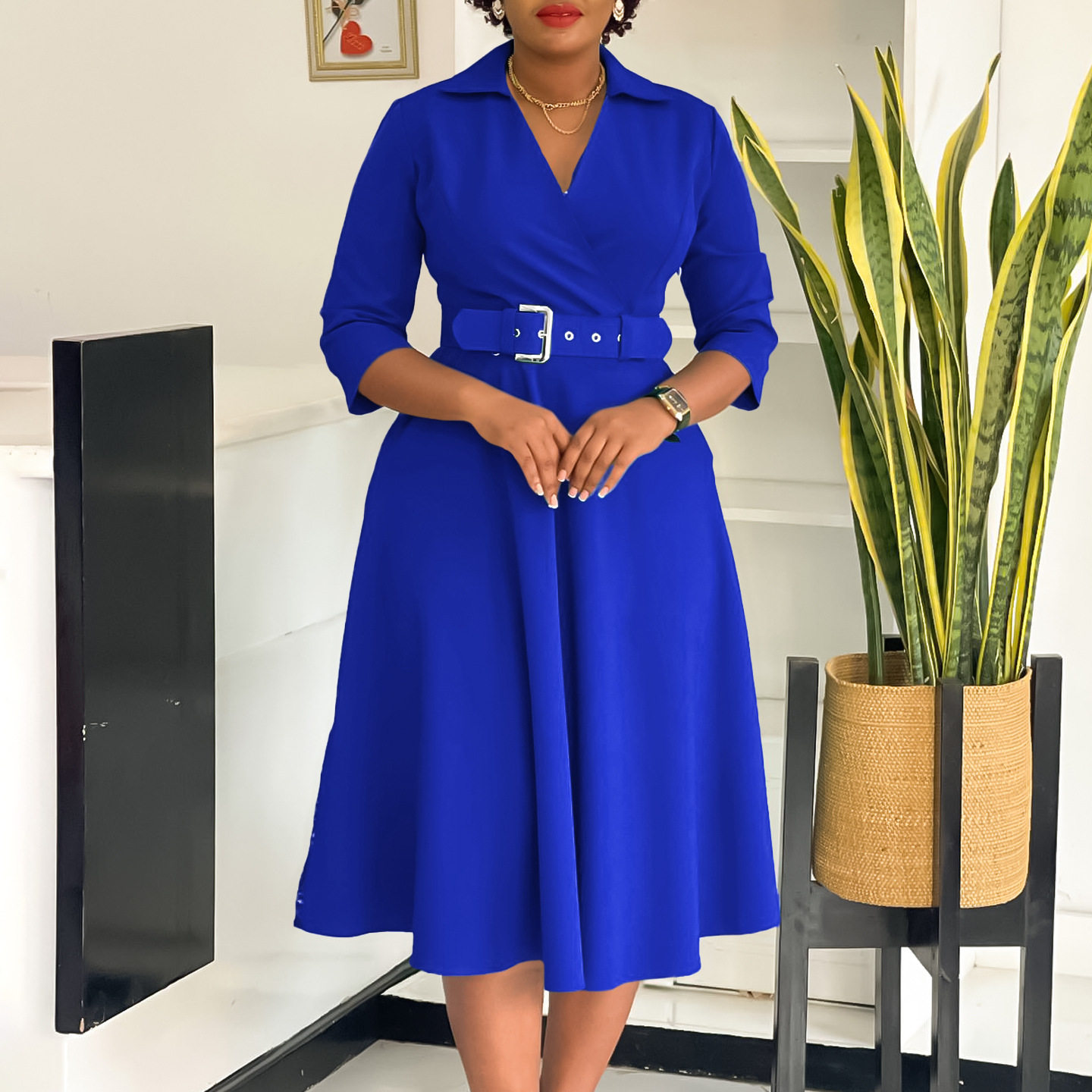 Plus Size Womens Dress Autumn Collection Stylish Lapel Design Solid Color Flared Skirt Wholesale Availability