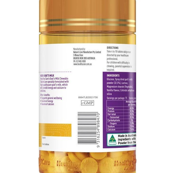 Australian Healthy Care Goat Milk Chewable Tablets High Calcium Goat Milk Tablets Chocolate Flavor Vanilla Flavor 300 Tablets