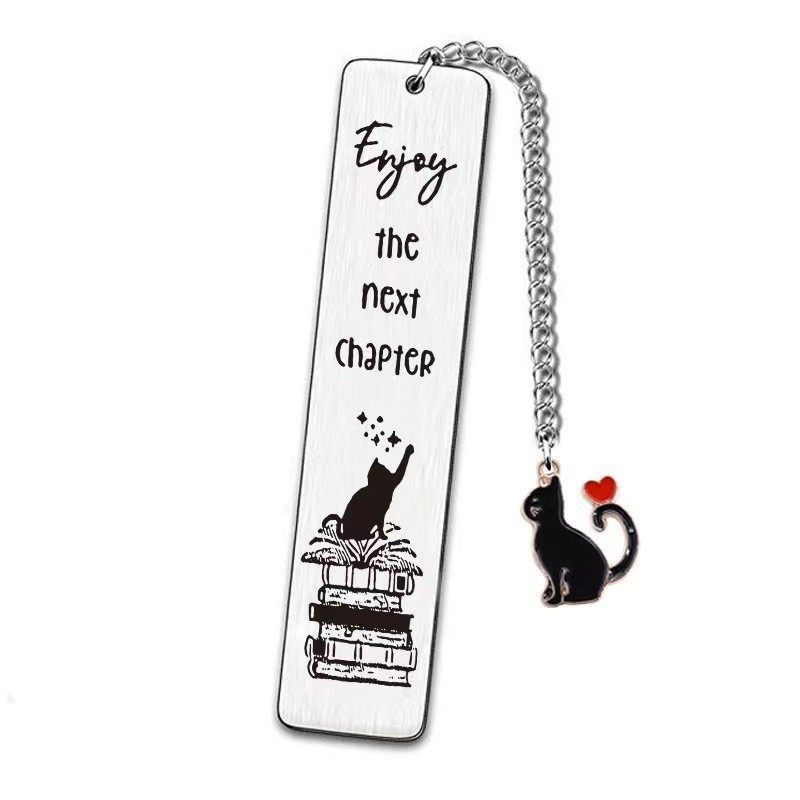 Cross-Border Best-Selling Amazon New Stainless Steel Engraved Bookmark Cartoon Cat Keychain Teacher Student Gift