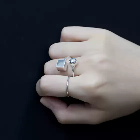 Korean Popular New Style Round Ball Open Ring for Women, Retro Personality Square Index Finger Ring, European and American Simple Internet Celebrity Hand Jewelry