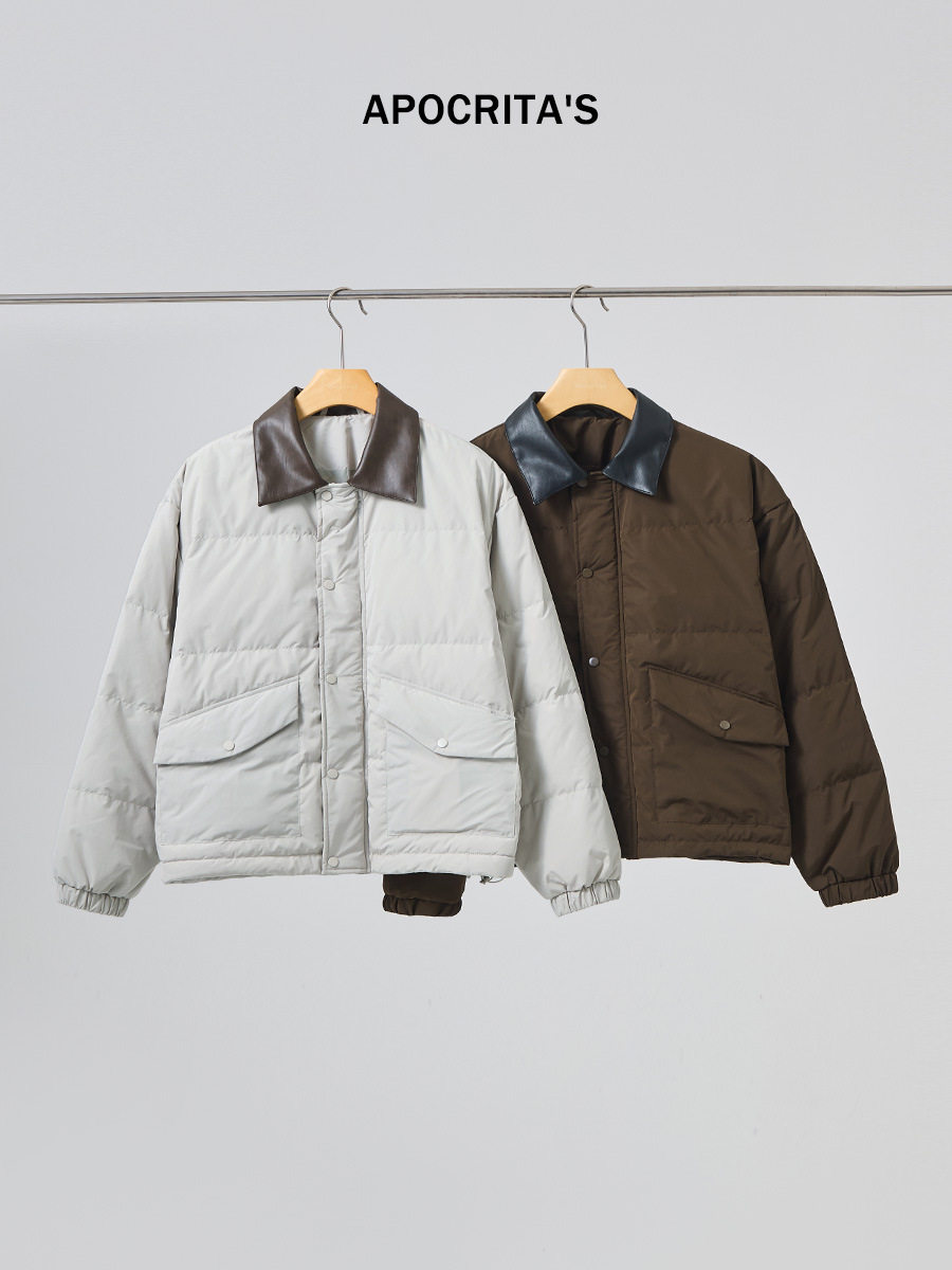 Apo Men's Clothing | Cross-Border White Duck down Jacket Men's Winter Cold-Proof and Warm Loose Splicing Pu Lapel Jacket Jacket