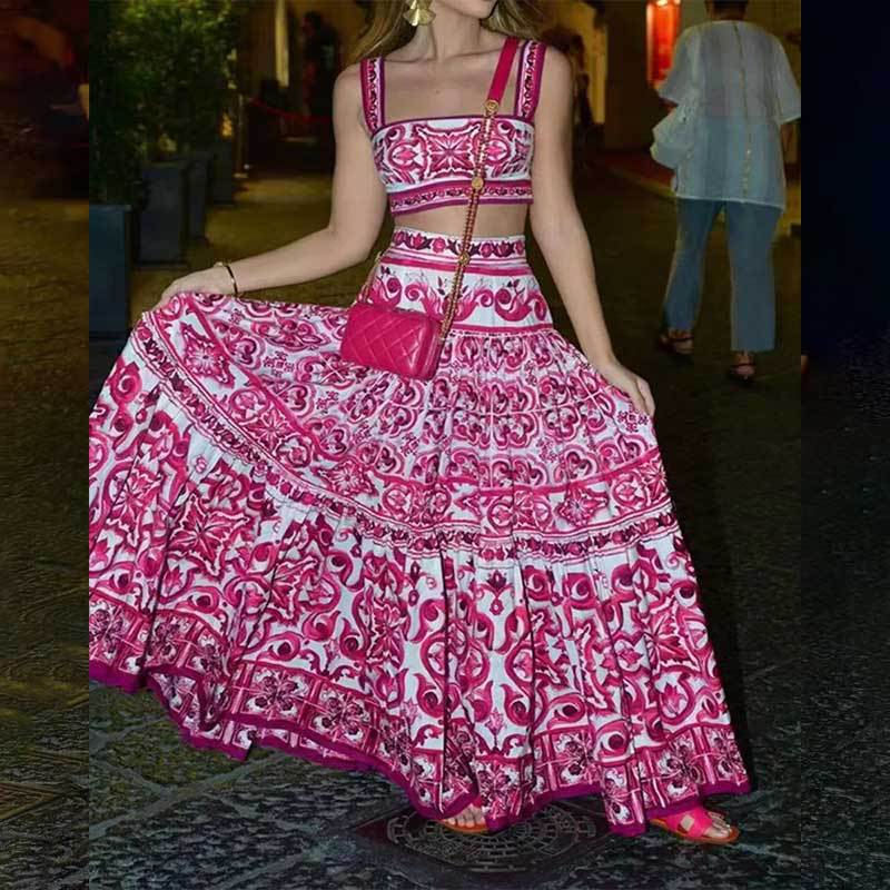 Spring Womens Fashion Set Square Neck Floral Print A Line Skirt Sleeveless Perfect for Casual Outings Wholesale