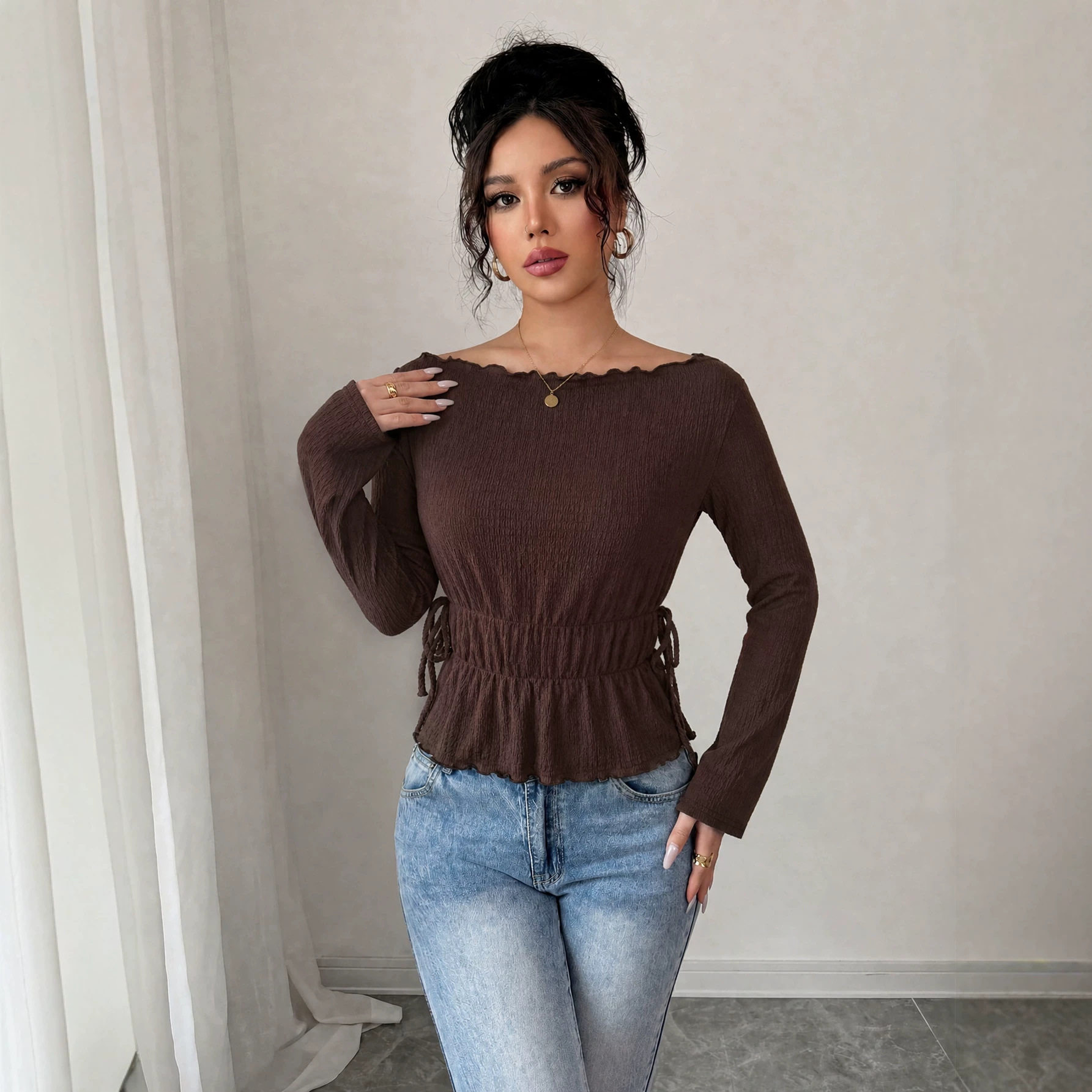 Off Shoulder Long Sleeve Top Textured Fabric Slim Fit Ruffled Hem Fall Winter Fashion Wholesale Available