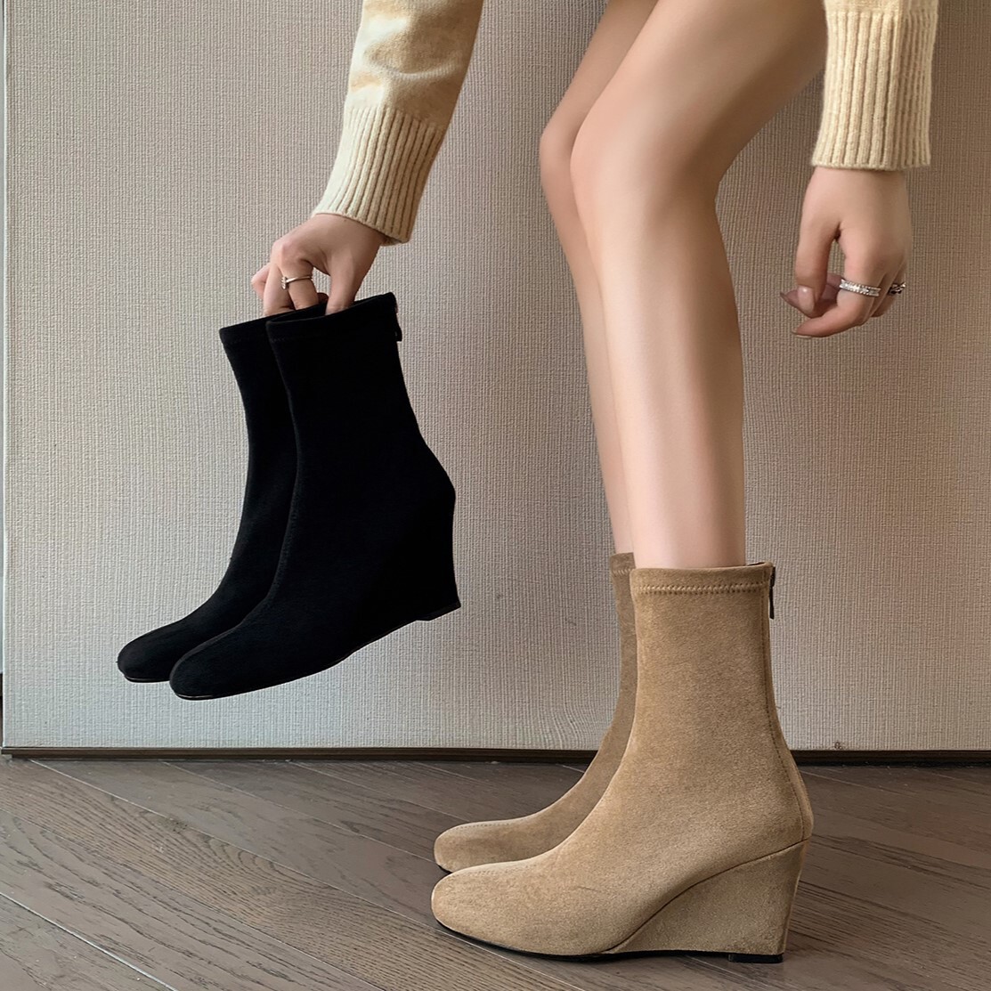 Boot nữ cổ thấp ôm chân gót xuồng 8cm khóa kéo sau — Lớp lót đơn màu đen, Lớp lót đơn màu kaki, Lót nhung đen, Lót nhung màu kaki