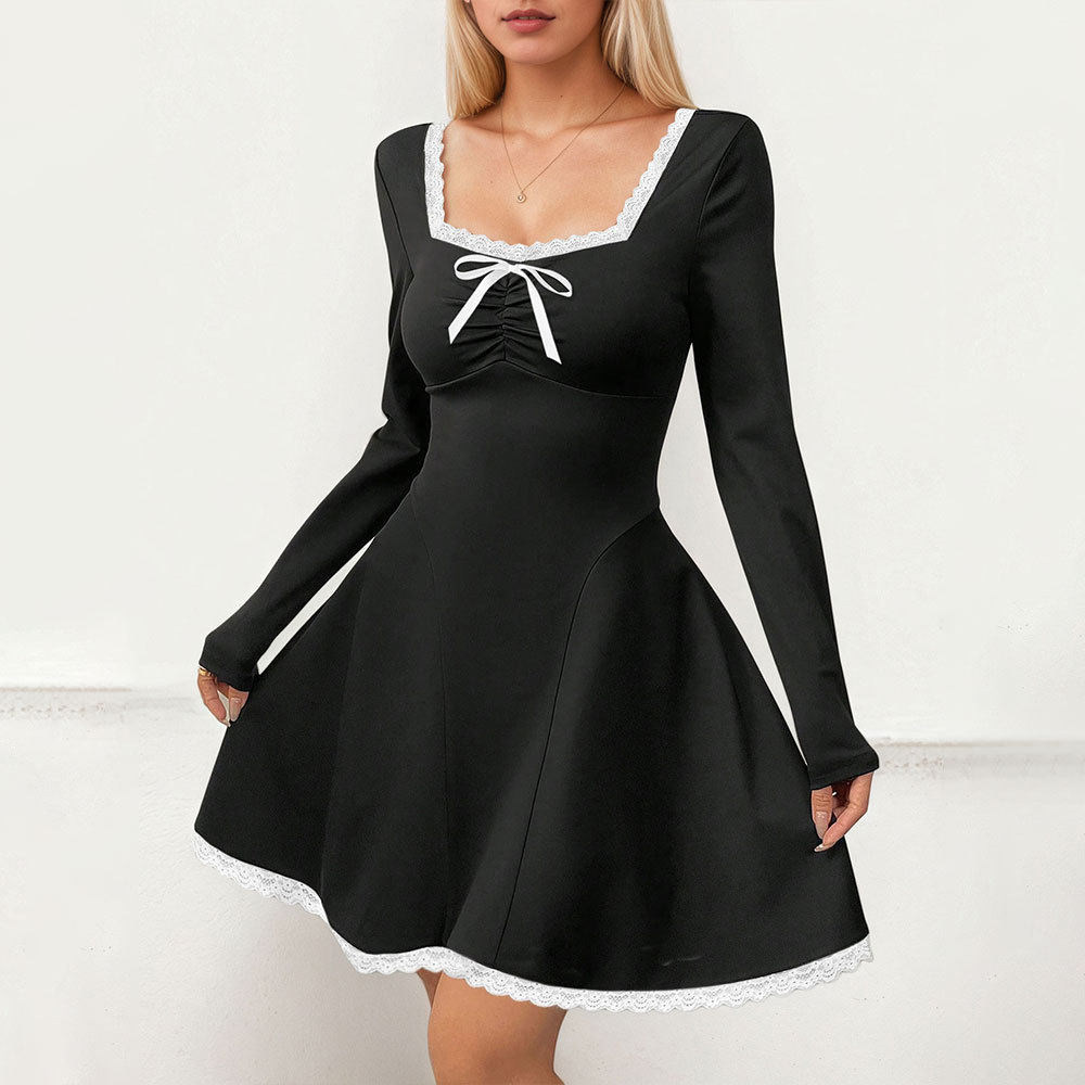 Elegant Color Block Lace Trim U Neck Bodycon Dress Long Sleeve Winter Fashion Perfect for Parties Wholesale Available