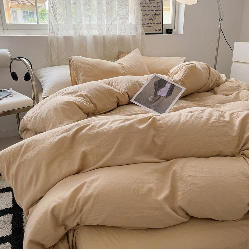 Japanese Style ins Washed Cotton Four-Piece Set Super Soft Pleated Cotton Bed Sheet Quilt Cover Bed Hat Simple Dormitory Three-Piece Set 4