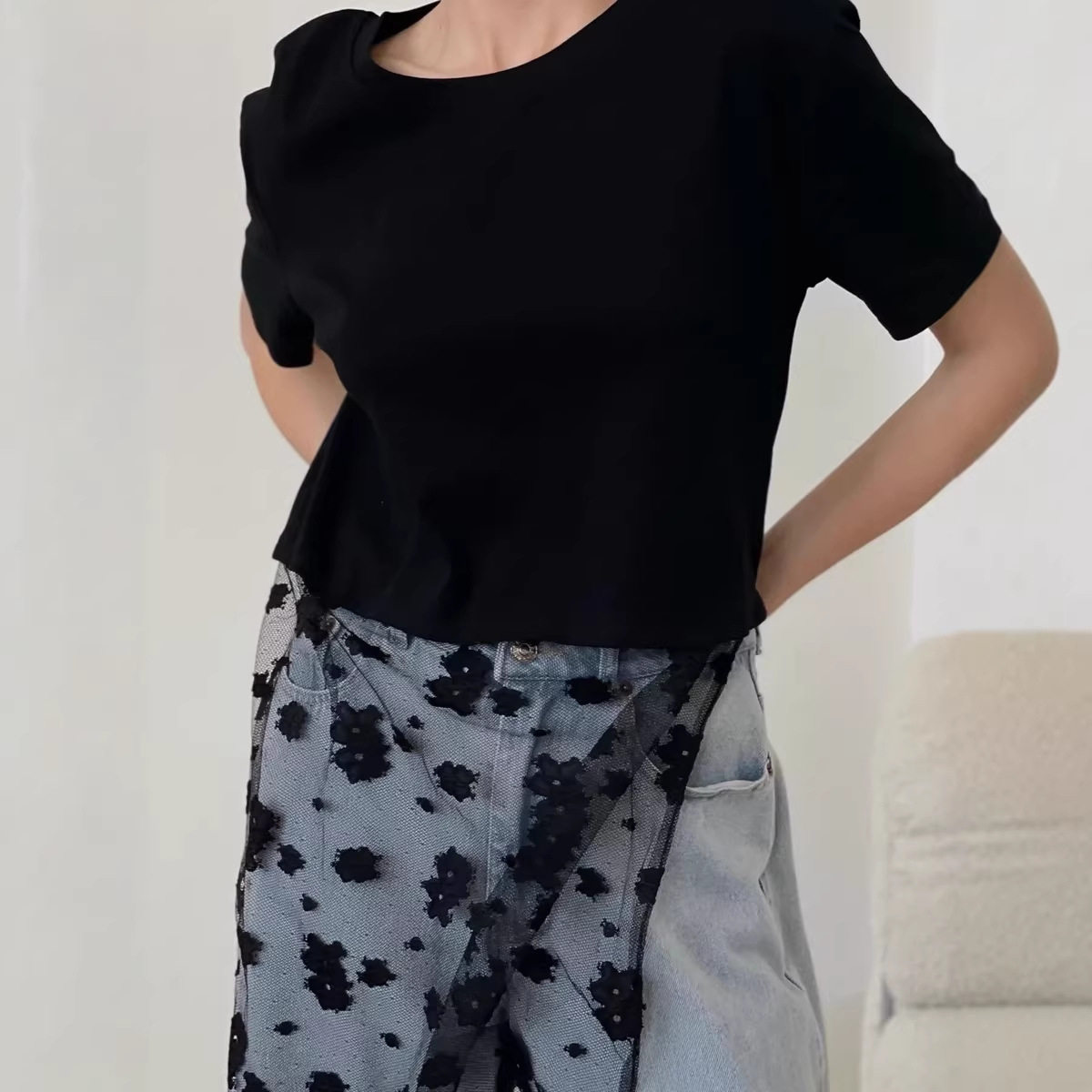 Loose Fit Womens T Shirt 3D Camellia Design Mesh Fabric Short Sleeve Cotton Casual Wear for Spring Summer
