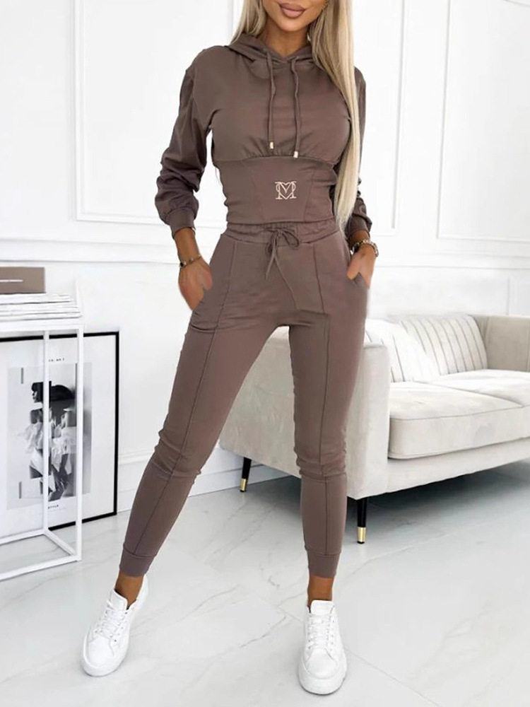 Cross-Border Independent Station European and American 2025 New Autumn and Winter Waist-Cinching Casual Sports Suit Hooded Top and Pants Two-Piece Set