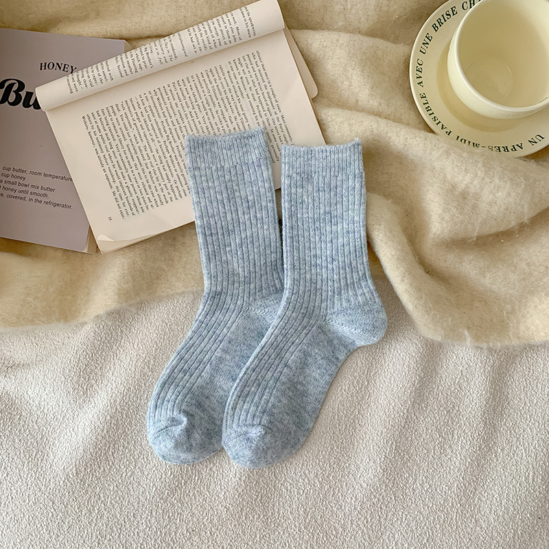 羊毛袜子女秋冬月子袜加厚保暖居家地板冬天日系简约羊绒堆堆长袜