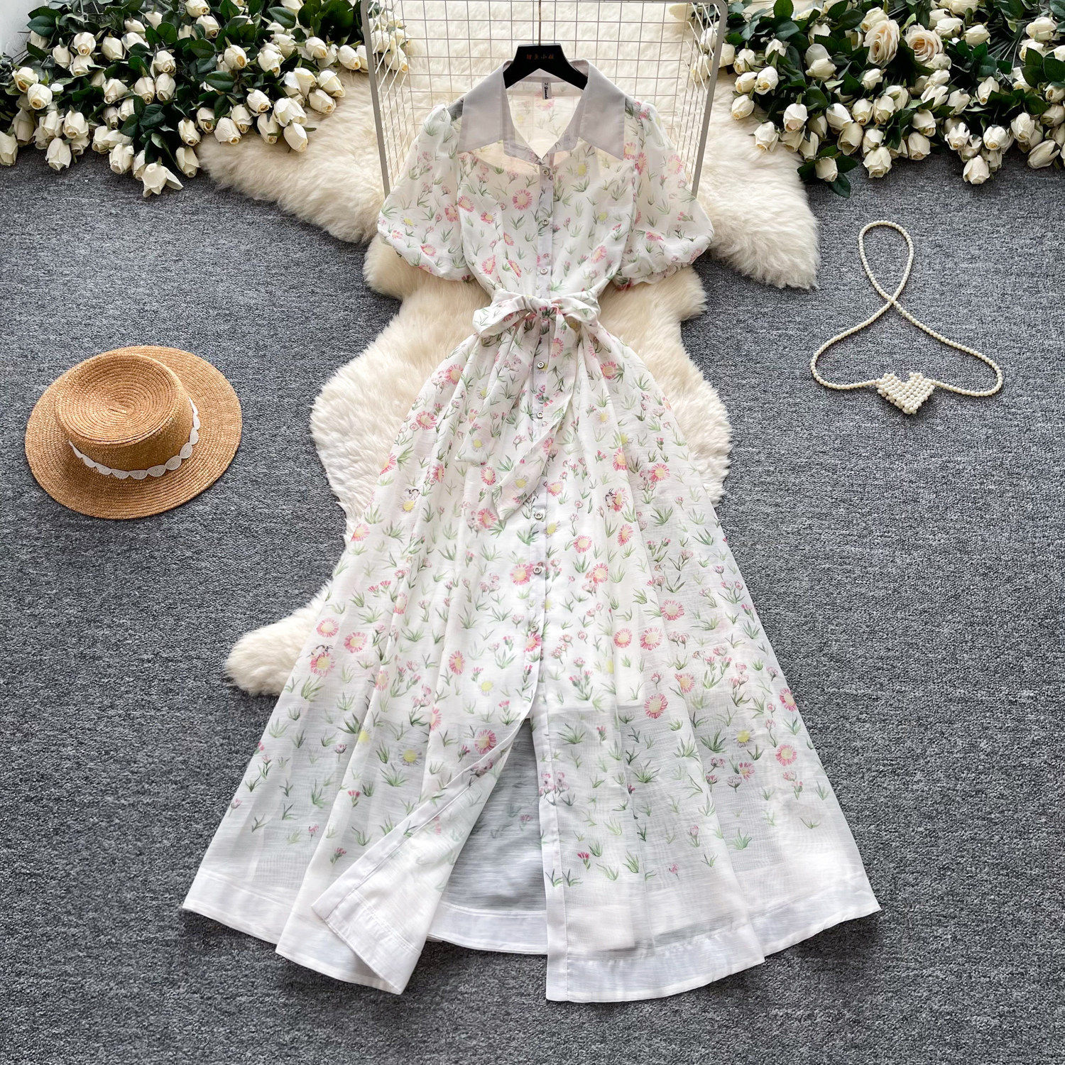 French Style Floral Print Dress for Women Short Sleeve Tie Waist A Line Silhouette Elegant Summer Occasion