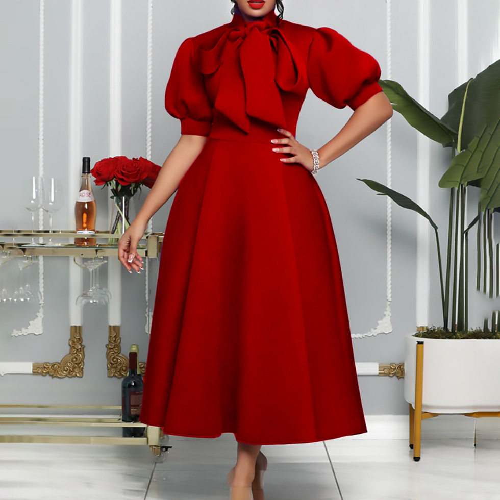 Plus Size Womens Summer Dress Solid Color Bow Tie Flared Hem Elegant Party Gown Wholesale Available