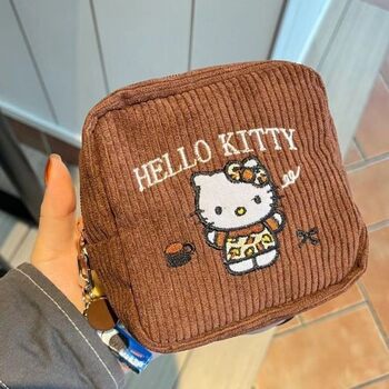 New Embroidered Kitty Cosmetic Bag Chestnut Corduroy Large Capacity Storage Lipstick Earphones Small Square Bag Change