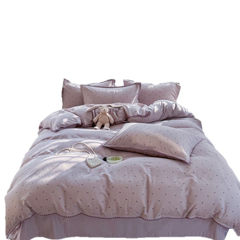 Small fresh class a cotton double-layer yarn bed four-piece set ins dormitory cotton quilt cover bed sheet shell edge four-piece set