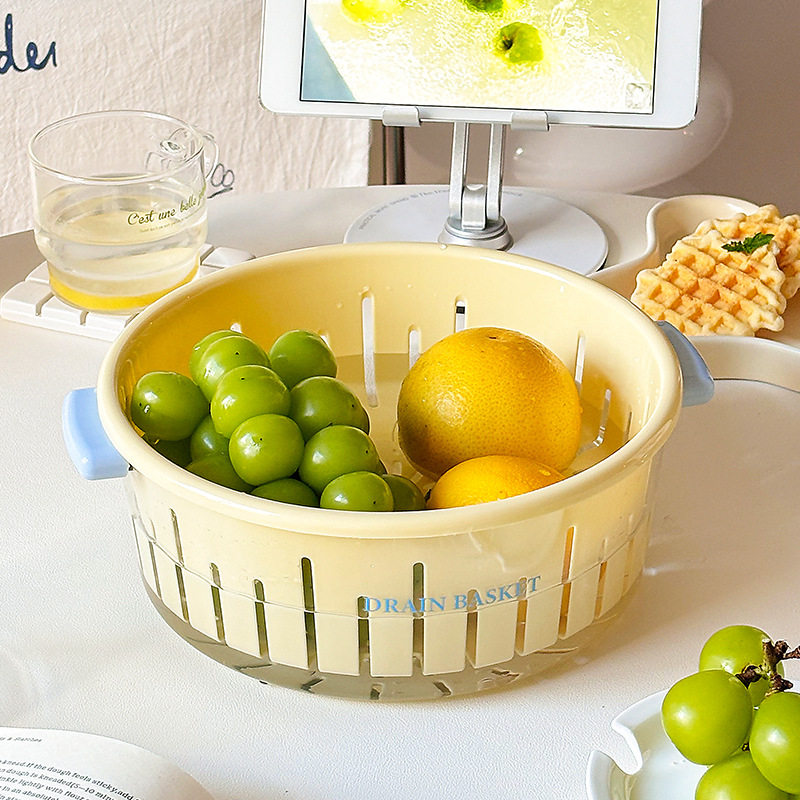 Double-Layer Vegetable Washing Basin Drain Basket Cute New Fruit Plate Home Living Room Coffee Table Fruit Basket Kitchen Washing Fruit Vegetable Basket