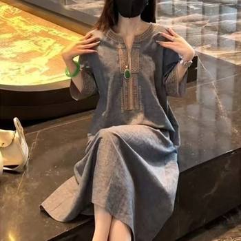 New Chinese Style National Style Printed V Neck Dress for Women 2025 Summer New Loose Slimming Look Casual Elegant Long Skirt
