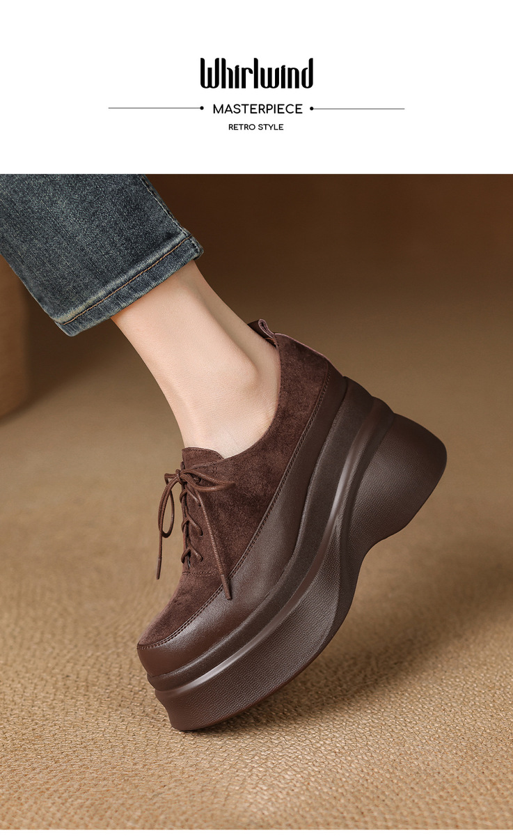 Giày lười nữ đế bánh mì gót xuồng 9cm da lộn cừu buộc dây — màu đen, Màu nâu