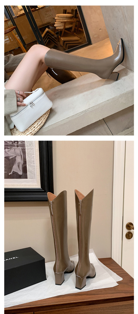 Boot nữ cổ cao mũi nhọn da bò gót thô phong cách kỵ sĩ — Màu be lót nhung bên trong, Màu be một lớp lót trong, Màu đen lót một lớp, Màu đen lót nhung