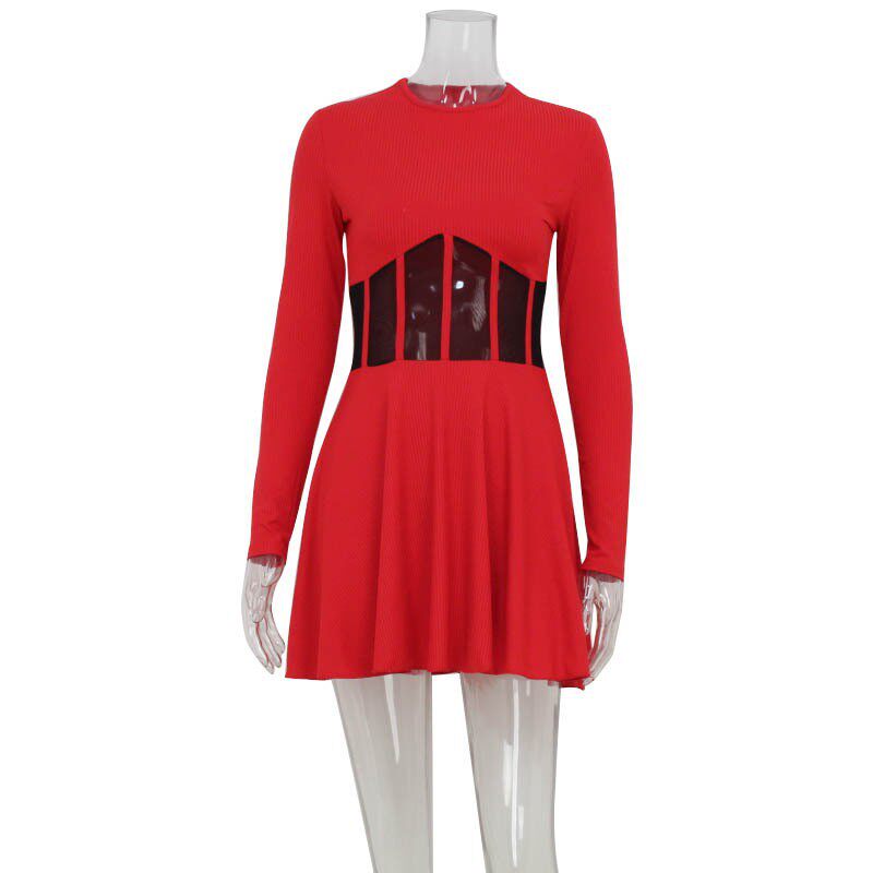 Fashionable Womens Dress Half High Neck Long Sleeve Sheer Mesh Panel Fishtail Design Waist Cinching Evening Wear