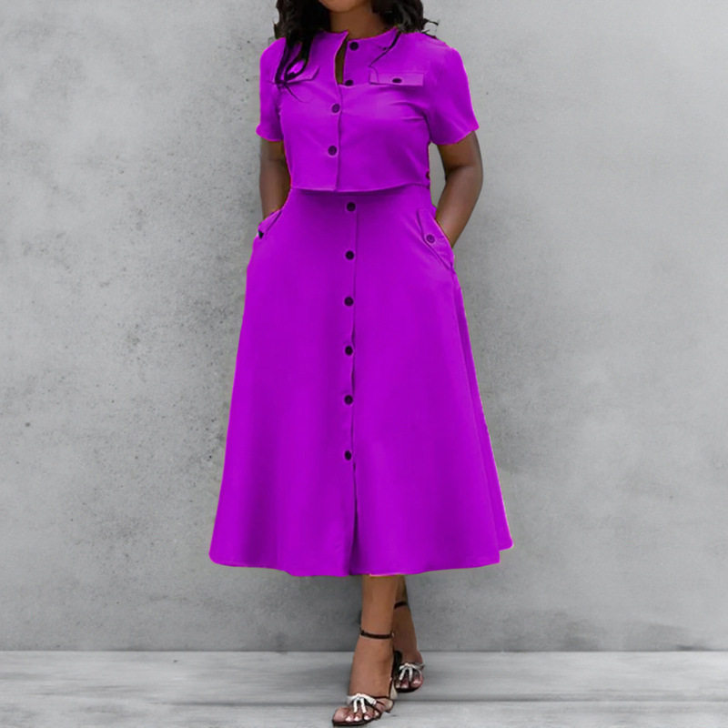 Womens Spring Short Sleeve Button Up Long Dress Set Solid Color Commuter Style Elegant Design Wholesale Available