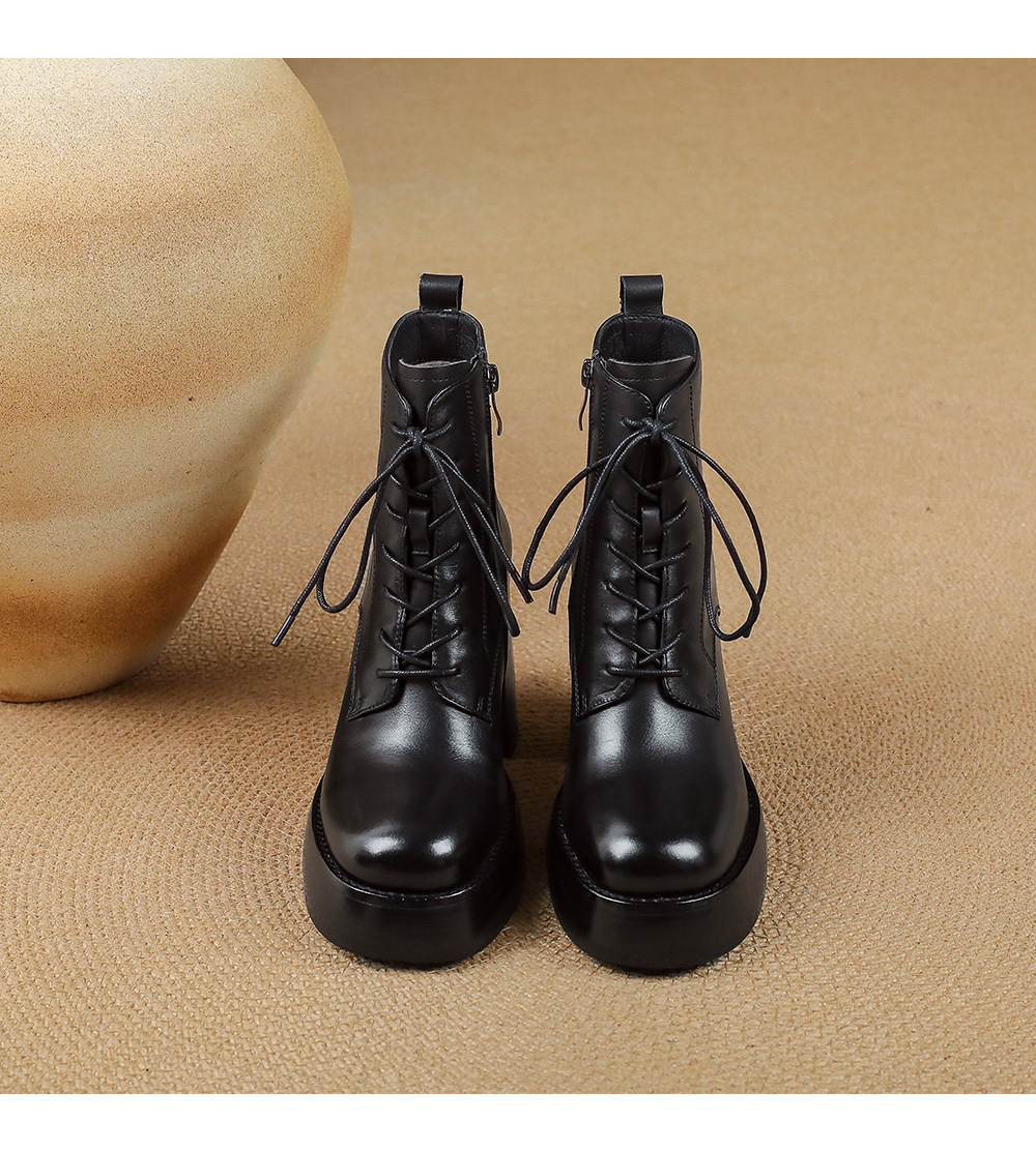 Boot Martin nữ đế dày gót thô buộc dây tăng chiều cao mũi tròn da bò thật — Lớp lót đơn màu nâu, Lớp lót nhung màu nâu, Màu đen một lớp, nhung đen