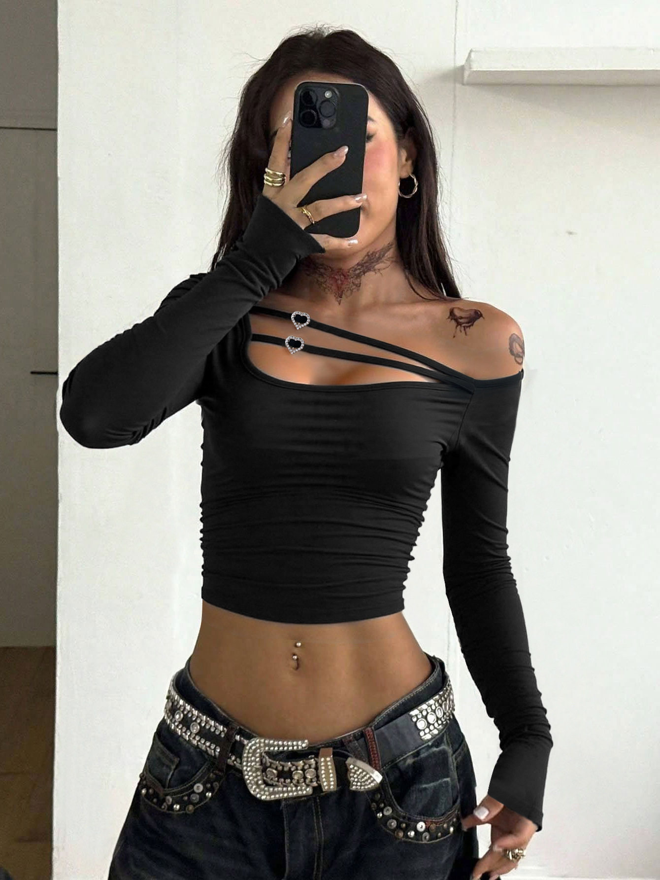 Black Sexy Off Shoulder Crop Top Hollow Cross Strap Design Trendy for Parties or Night Out Wholesale Available