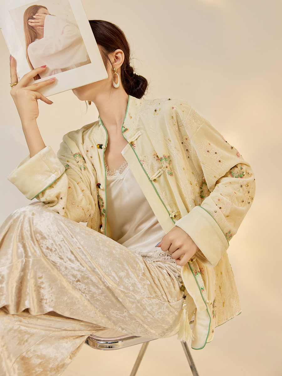 Áo khoác dạ nữ thêu cườm cổ đứng dáng suông — mơ, Mơ [phiên bản cotton]