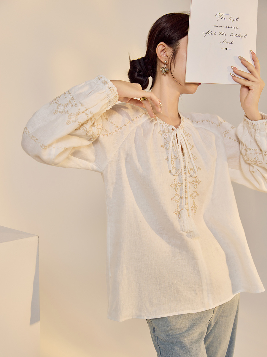 Áo sơ mi nữ linen dài tay thêu họa tiết dáng rộng — Màu trắng be, Màu xanh đậm, Màu xanh lam nhạt