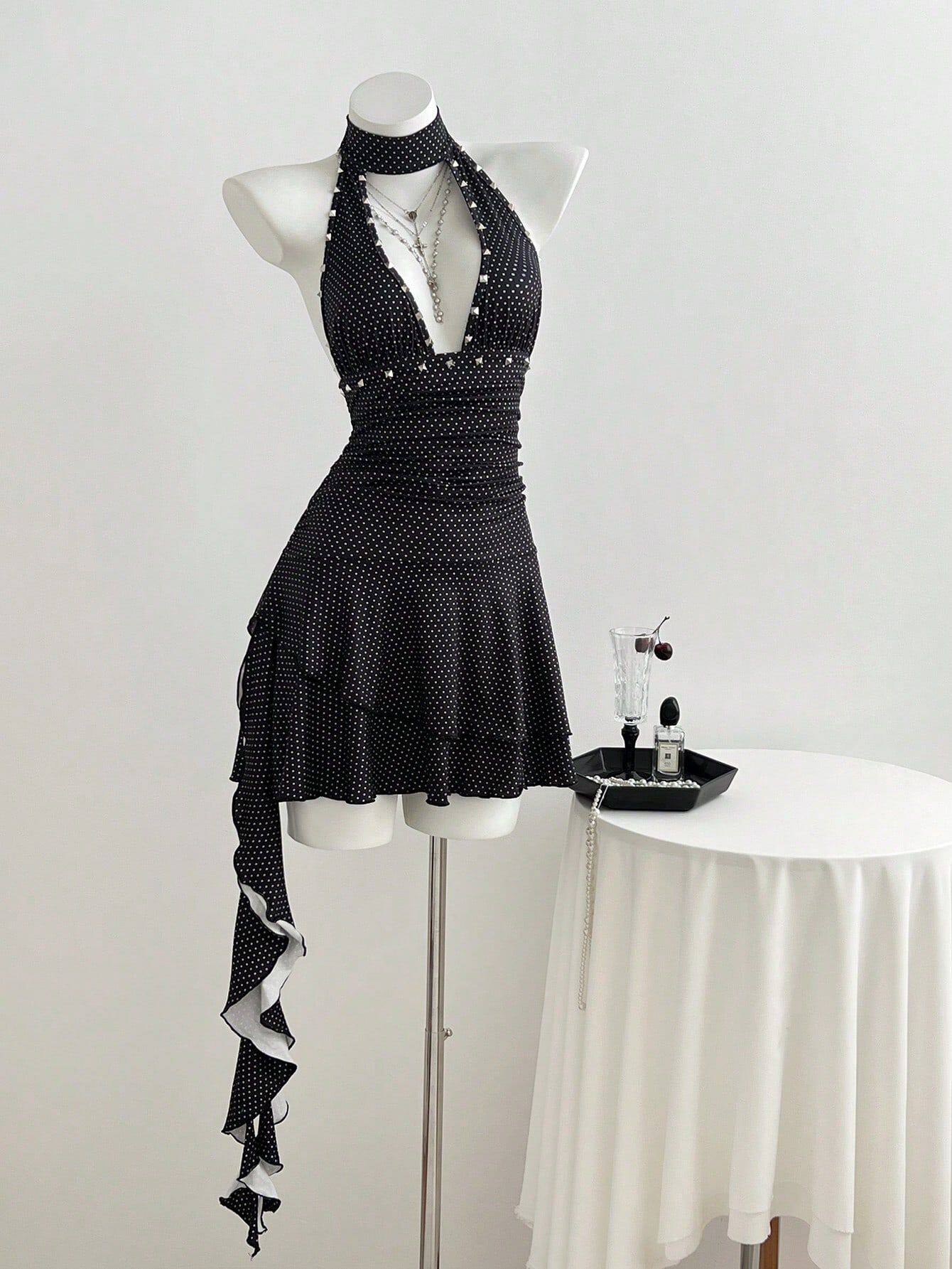 Polka Dot V Neck Halter Dress Slim Fit Waist Defining Elegant Style Perfect for Parties and Events Ready to Ship