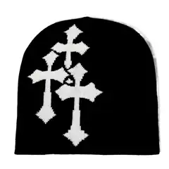 Y2K Knitted Hat Short Style Cross Pattern Women's Jacquard Hat Outdoor Sports Trendy Street Style Woolen Beanie Factory