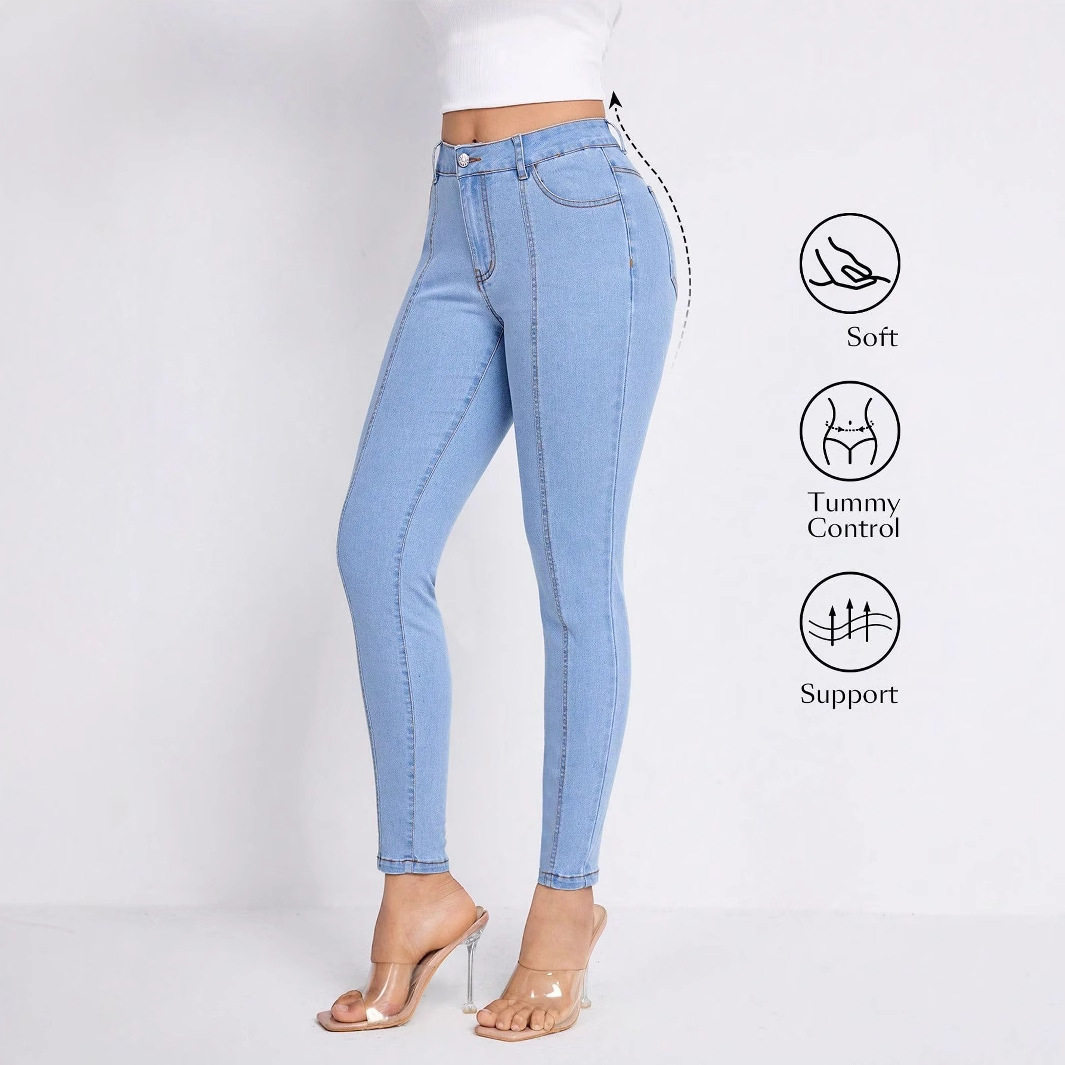 High Waisted Slim Fit Blue Denim Jeans Womens Casual Style Perfect for Everyday Wear Wholesale Available