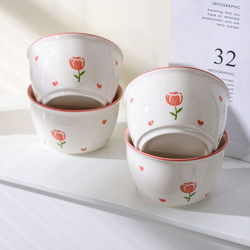 Ins Style Tulip Rice Bowl High-Value Ceramic Small Bowl Household Tableware Commercial Underglaze Color Ceramic Bowl Set