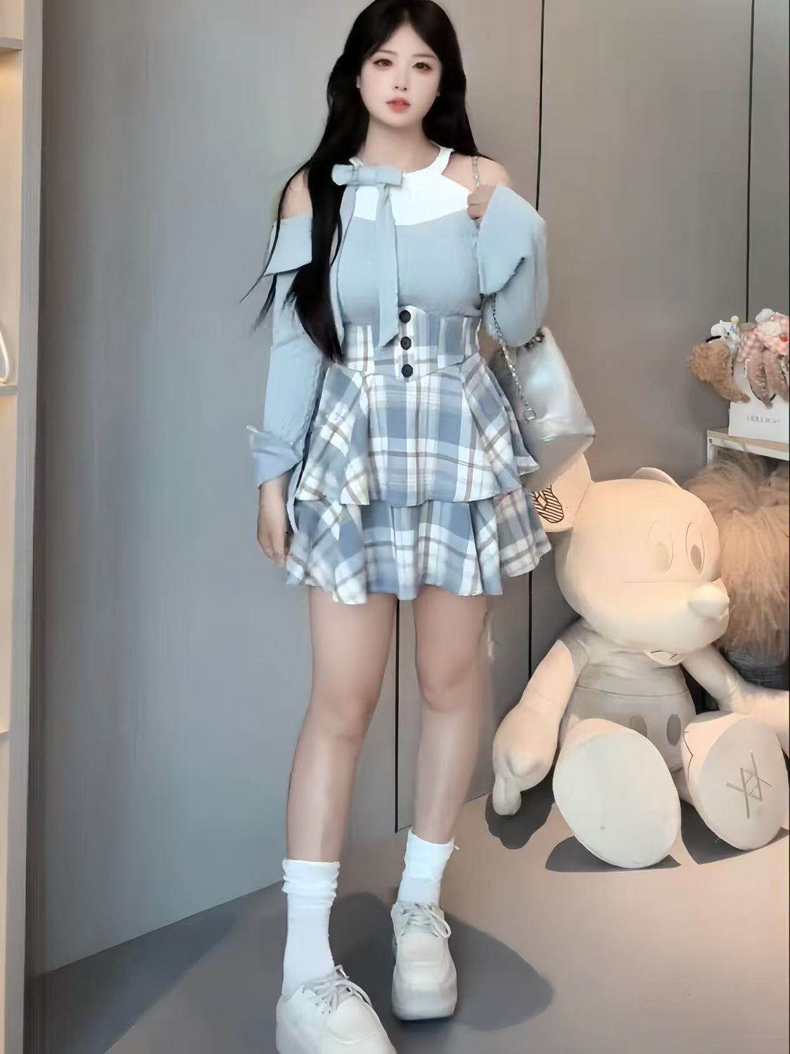 Plus Size Fat mm Autumn and Winter New Knitted Off-Shoulder Top with Plaid Waist Fishbone Cover-Up Slimming Look Short Skirt Two-Piece Set