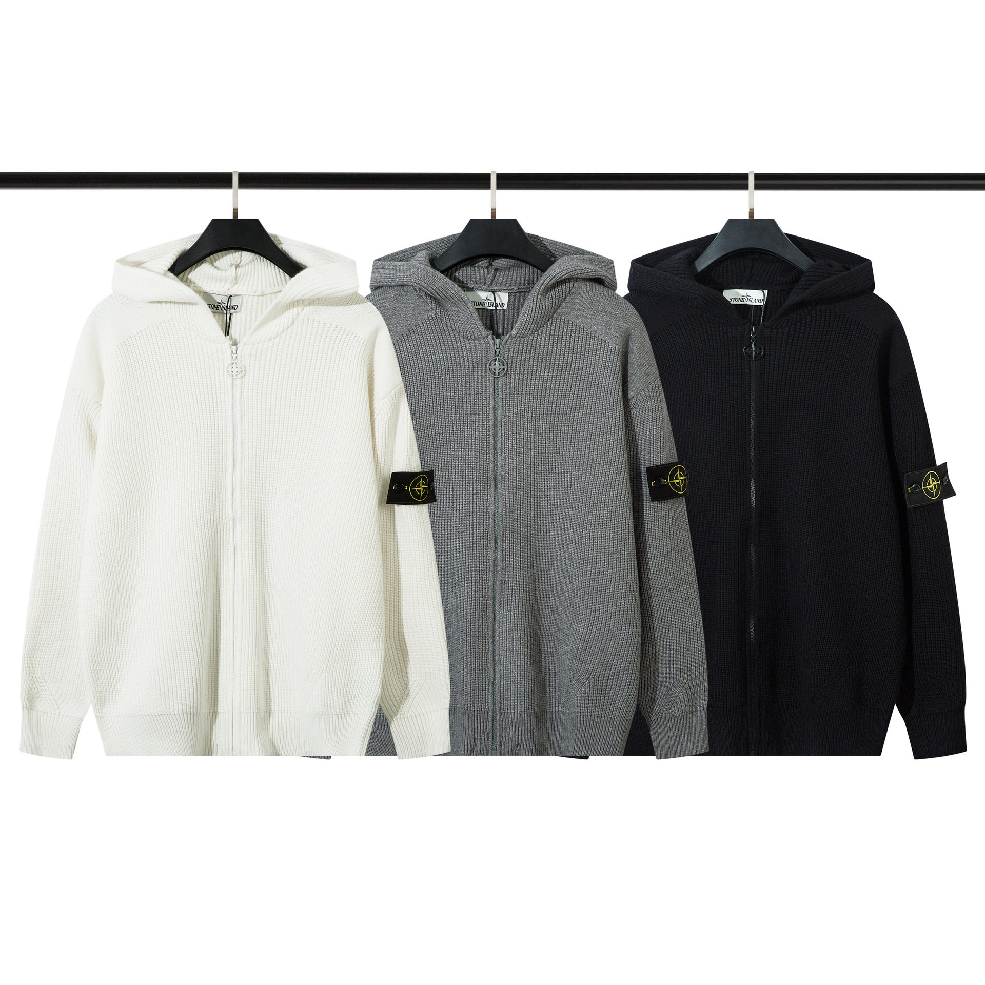 Трансграничный КАМЕНЬ Stone Island на молнии с открытой грудью, повязка на руку с капюшоном, вязаный простой однотонный свитер для мужчин и женщин из хлопка с длинными рукавами Изображение 1