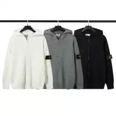 Cross-Border Stone Stone Island Zipper Open Chest Armband Hooded Knitted Simple Pure Color Men's and Women's Sweater Long Sleeve Pure Cotton