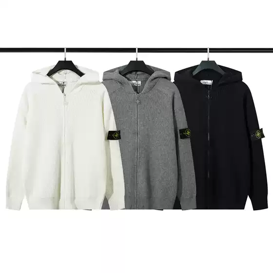 Cross-Border Stone Stone Island Zipper Open Chest Armband Hooded Knitted Simple Pure Color Men's and Women's Sweater Long Sleeve Pure Cotton