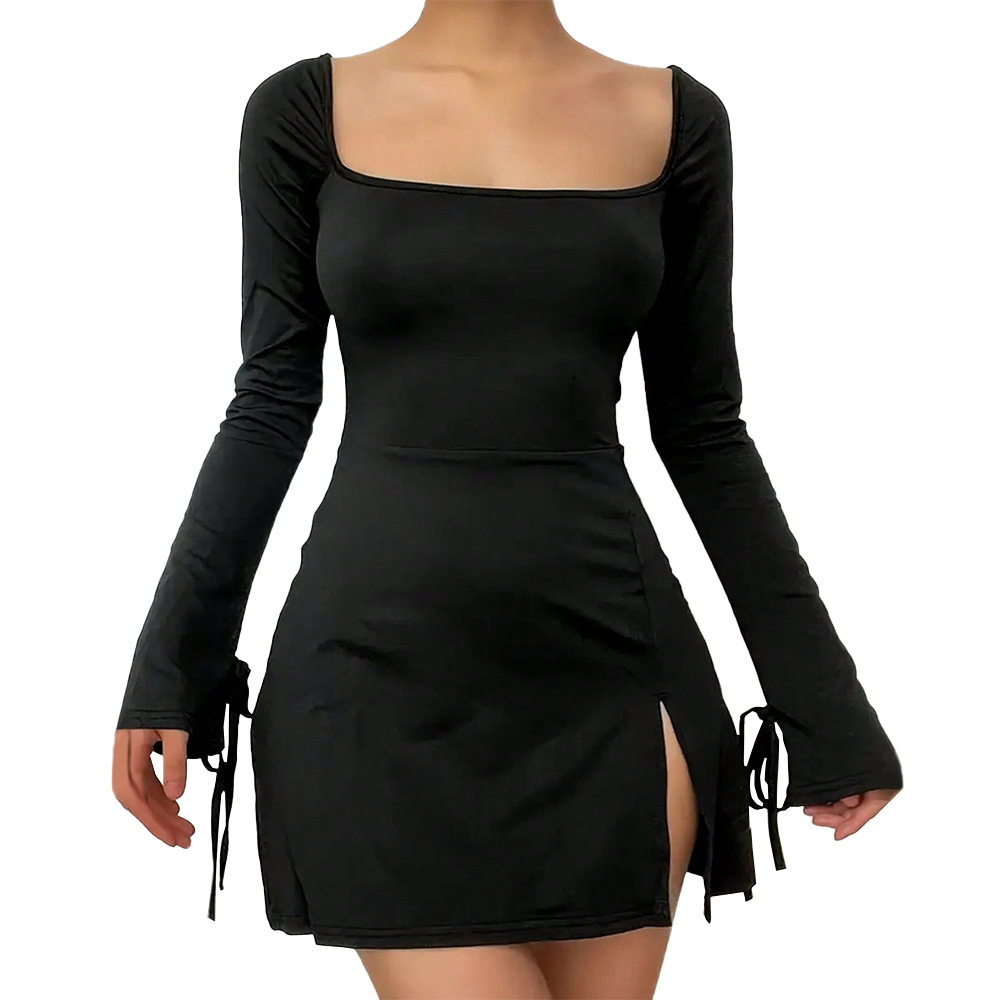 Red A Line Dress Square Neck High Waist Short Length Split Design Spring Summer Casual Wear Wholesale Available