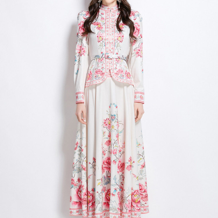 French Style Womens Two Piece Dress Set Floral Print Puff Sleeves High Waist Flared Skirt Elegant Occasion Wear