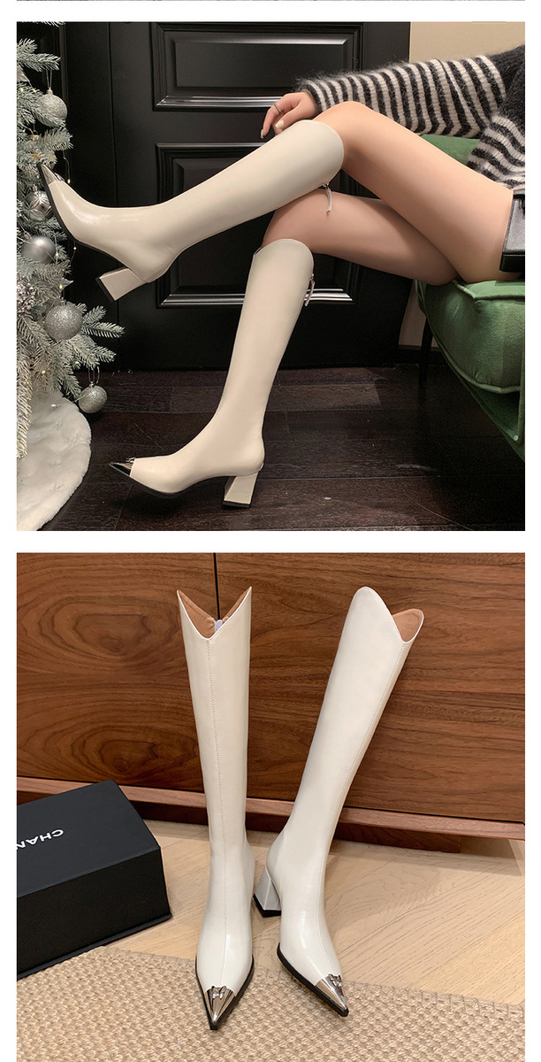 Boot nữ cổ cao mũi nhọn da bò gót thô phong cách kỵ sĩ — Màu be lót nhung bên trong, Màu be một lớp lót trong, Màu đen lót một lớp, Màu đen lót nhung
