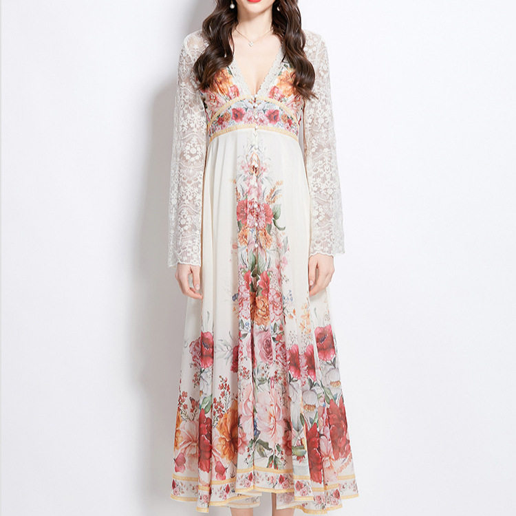 Fashionable Spring Dress for Women Elegant Deep V Neck Lace Bell Sleeves Floral Print Perfect for Vacation or Casual