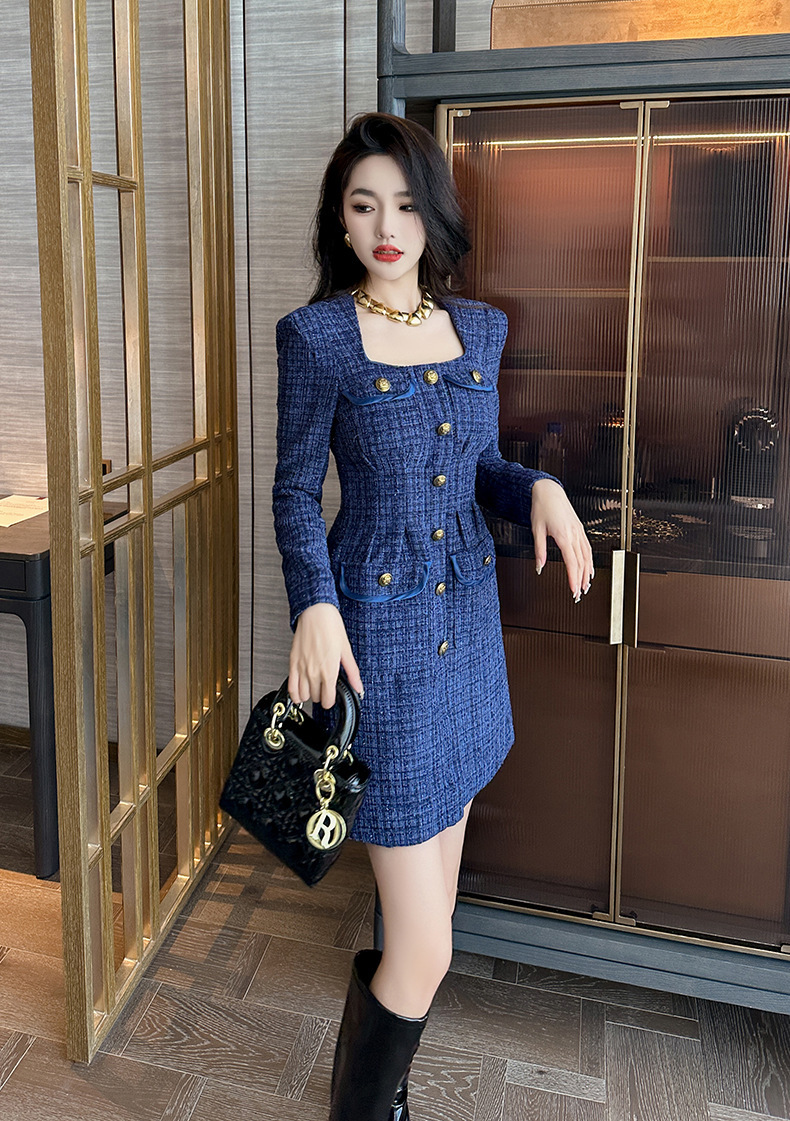 Đầm nữ dáng chữ A cổ vuông thắt eo vải tuýt dài tay — Màu tím xanh lam
