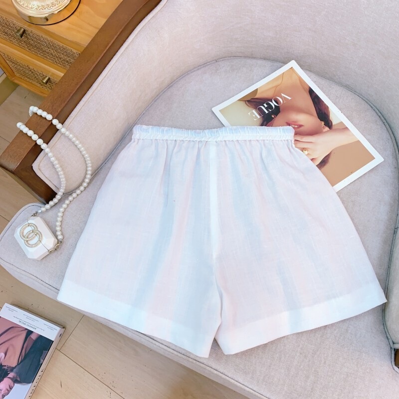 Set đôi áo dài tay phối quần short hoặc quần dài, chất vải lanh thoáng mát — Quần short màu hồng, Quần short trắng ánh trăng, Áo màu hồng, Áo trắng ánh trăng