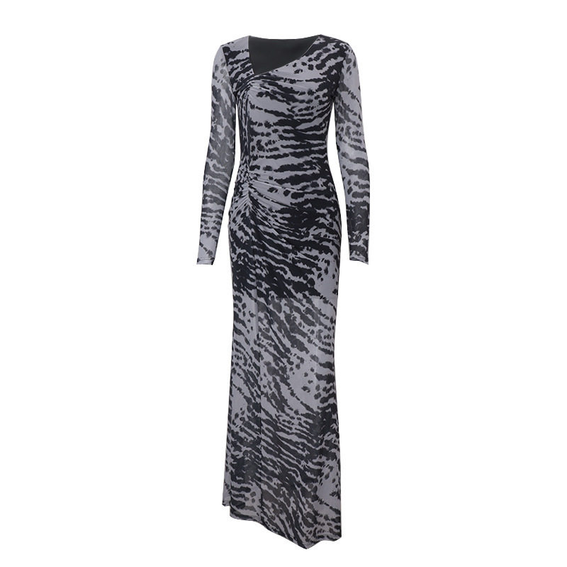 Zebra Print Off Shoulder Long Sleeve Dress Vintage Style Slim Fit Fashionable Design Autumn Collection Wholesale
