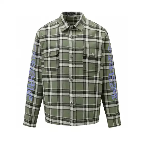 Foreign Trade Cross-Border Ch Crow 1:1 Spring & Fall New Style Stripesd Plaid Stitching Silver Buckle Cardigan Shirt Couple Style