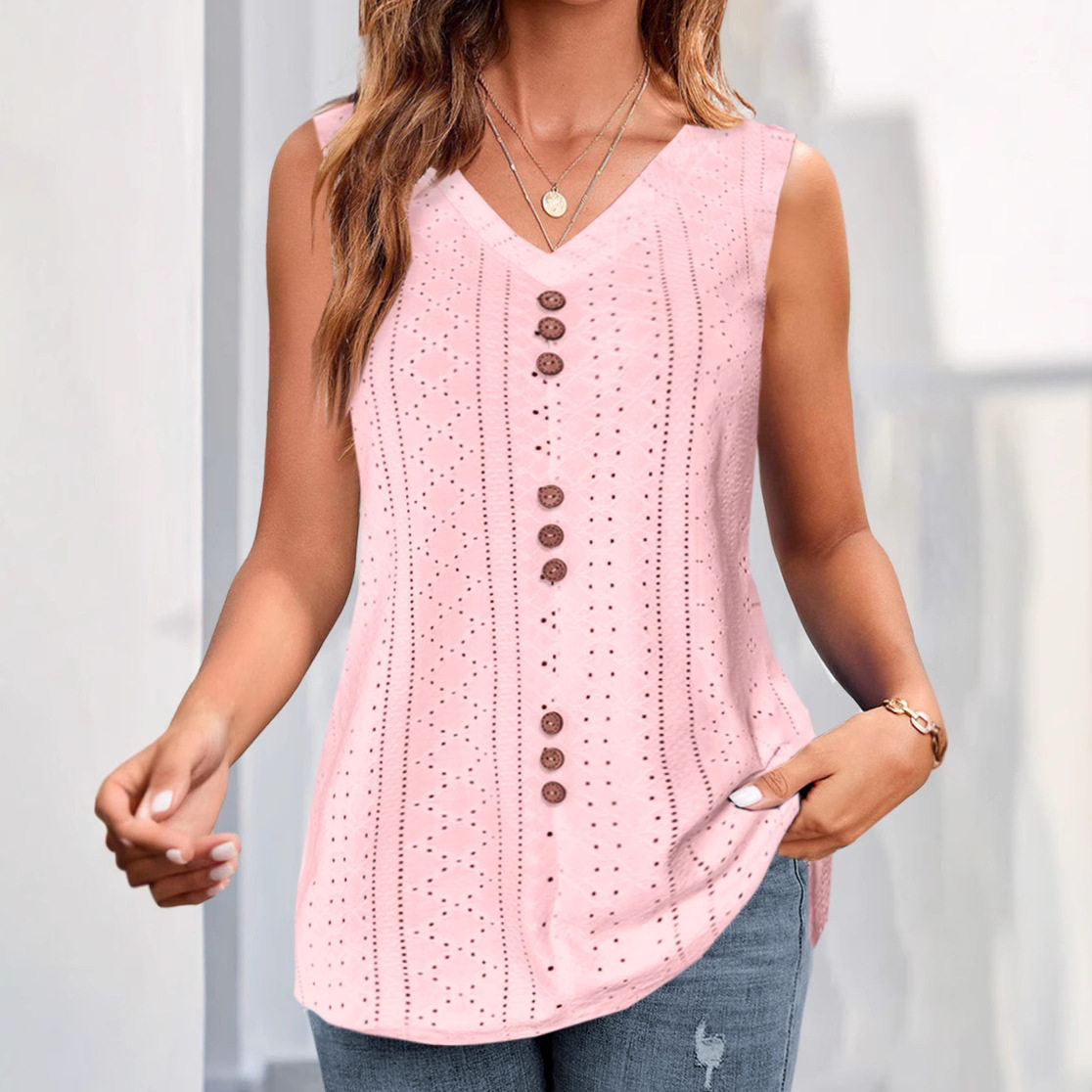 Womens Summer V Neck T Shirt Solid Color Hollow Out Design Lightweight Fabric Casual Wear Wholesale Available