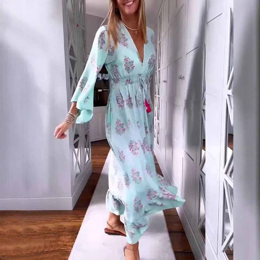 Casual Floral Print V Neck Long Sleeve Dress for Women Trendy Design Comfortable Fabric Versatile Style Wholesale