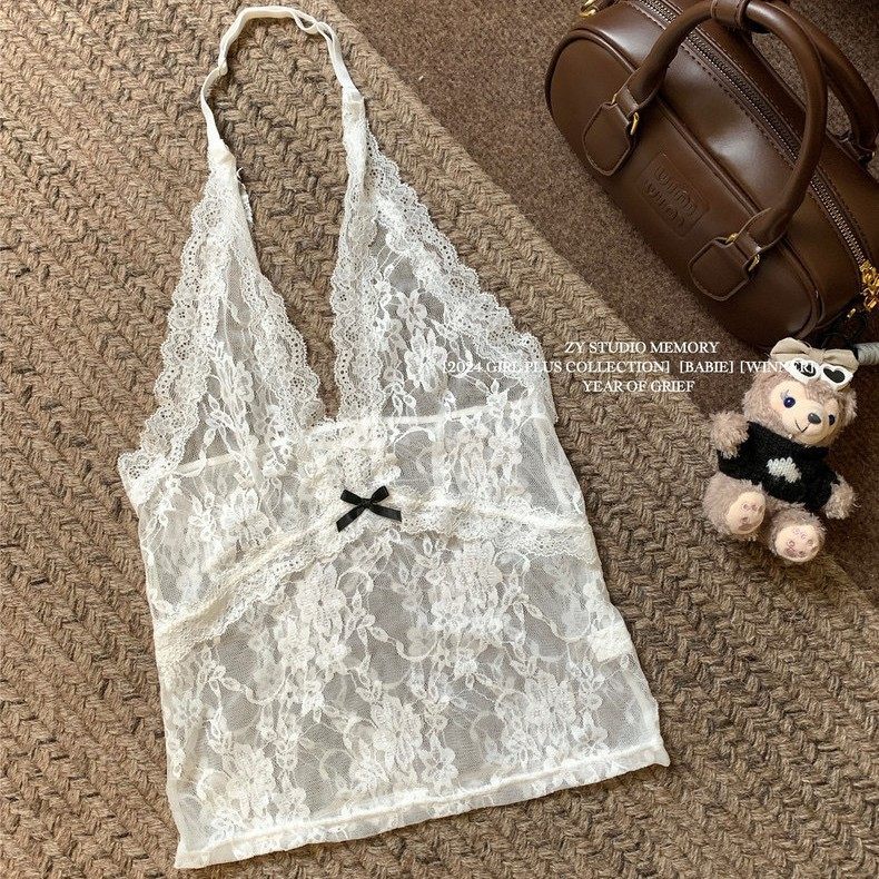 ซ้อนสิ่งประดิษฐ์ในฤดูใบไม้ผลิและฤดูใบไม้ร่วงใหม่เซ็กซี่สไตล์ฮอตลูกไม้เชือกคล้องคอแขวนกับเสื้อด้านล่างกลวงด้านบน