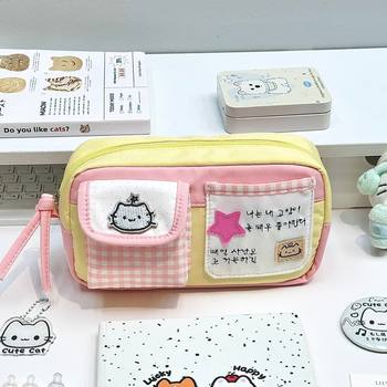 Japanese-Style Magical Cat Pocket Pencil Case Plaid Student Pain Bag Large Capacity Multifunctional Ins Stationery High Appearance Value